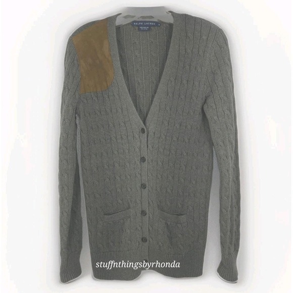 Ralph Lauren Sweaters - Ralph Lauren Vtg Womens Med Shooting Cardigan Cable Knit Suede Shoulder Patch